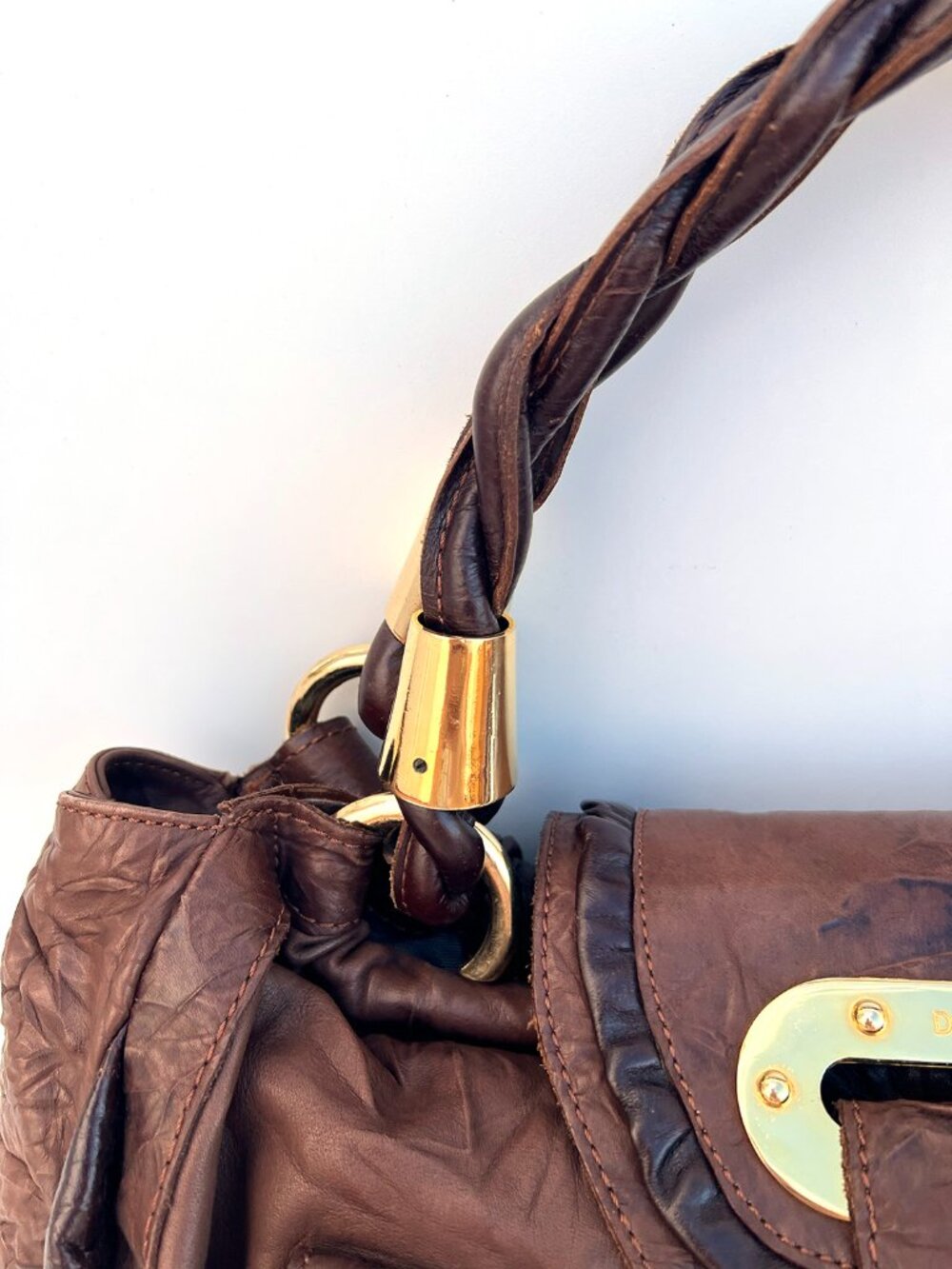 Authentic DOLCE & GABBANA Mainline Brown Crinkled Leather Braided Hobo Bag Y2K - Picture 9 of 13